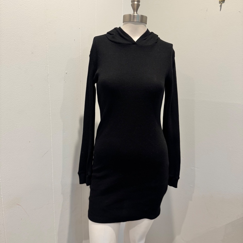 Forever 21 Black Waffle Knit Hooded Mini Dress Cozy Thermal Texture | Size M
